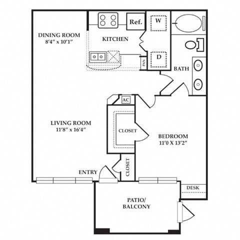 Floor plan for 1 bed, 1 bath, 770 sqft